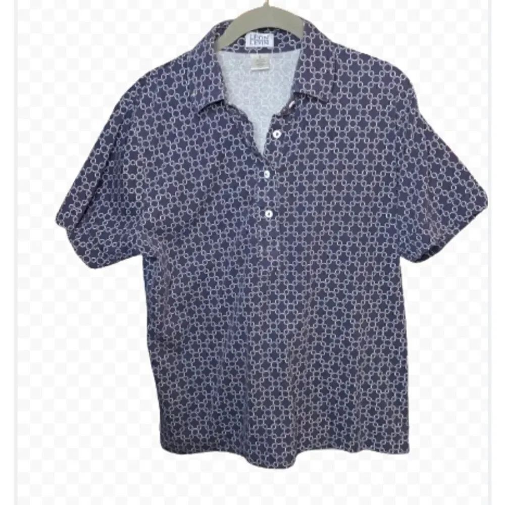 Leon Levin women’s athletic blue geometric, print polo shirt, size med